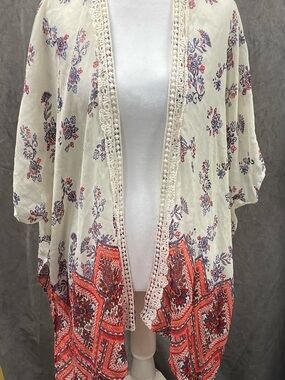 Rewind Ivory Floral Crochet-Trim Swim Coverup with Coral Border
